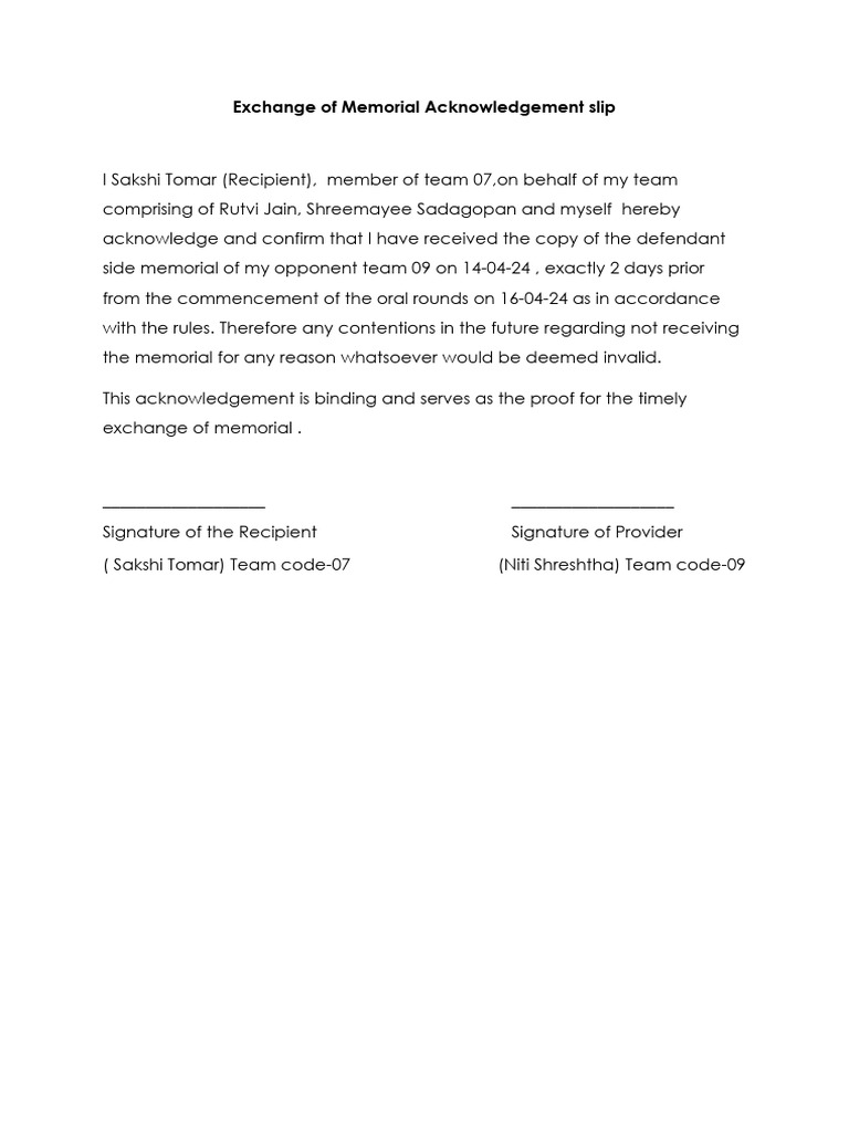 Exchange of Memorial Acknowledgement Slip | PDF