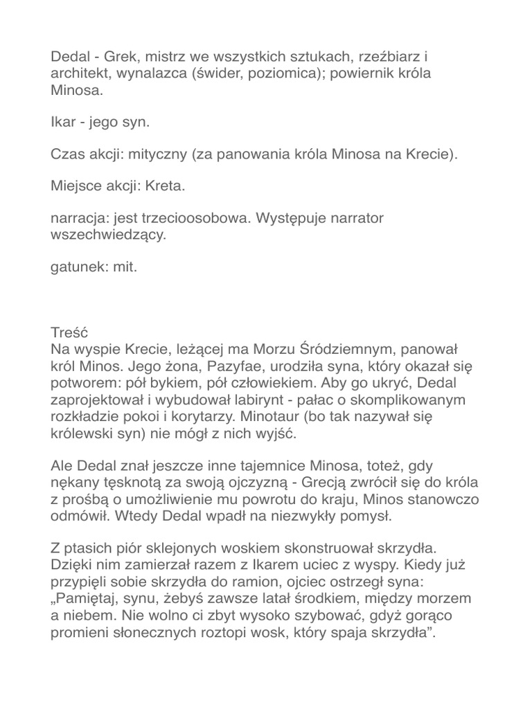 Opowiadanie O Dedalu I Ikarze O Dedalu I Ikarze | PDF