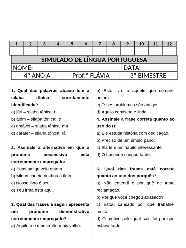 Simulado de Língua Portuguesa 4º Ano | PDF | Pronome | Estresse ...