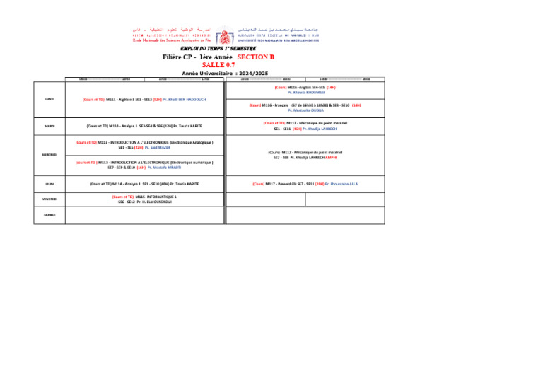 Emploi du temps 1ère année CP 2024/2025 | PDF