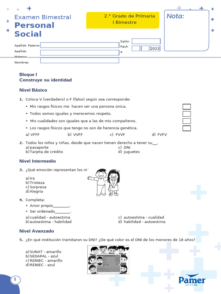 Examen Bimestral de Personal Social 2 Bimestre | PDF | Autoestima ...
