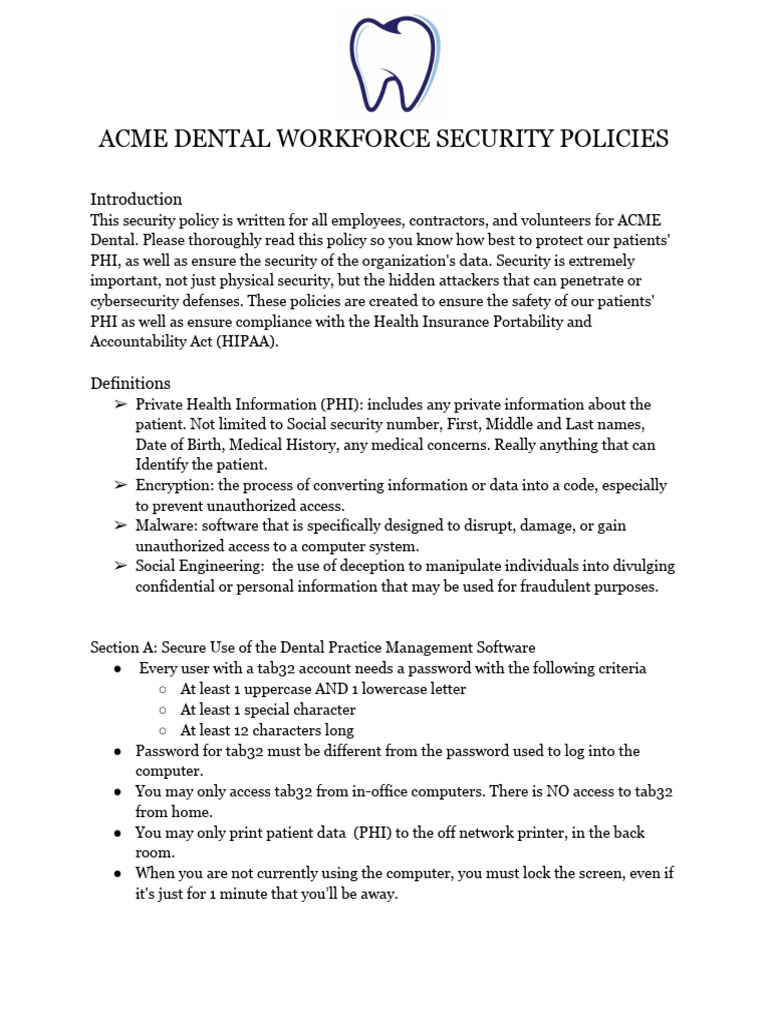 ACME Dental Workforce Security Policies | PDF | Security | Computer ...