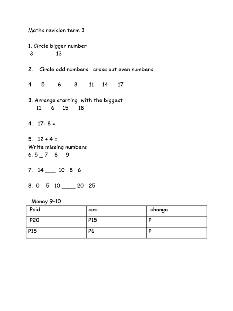 End of Term Revision Maths | PDF | Teaching Methods & Materials