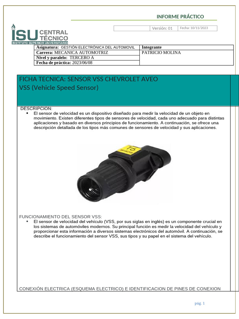 Ficha Técnica del Sensor VSS Aveo | PDF | Sensor | Motores