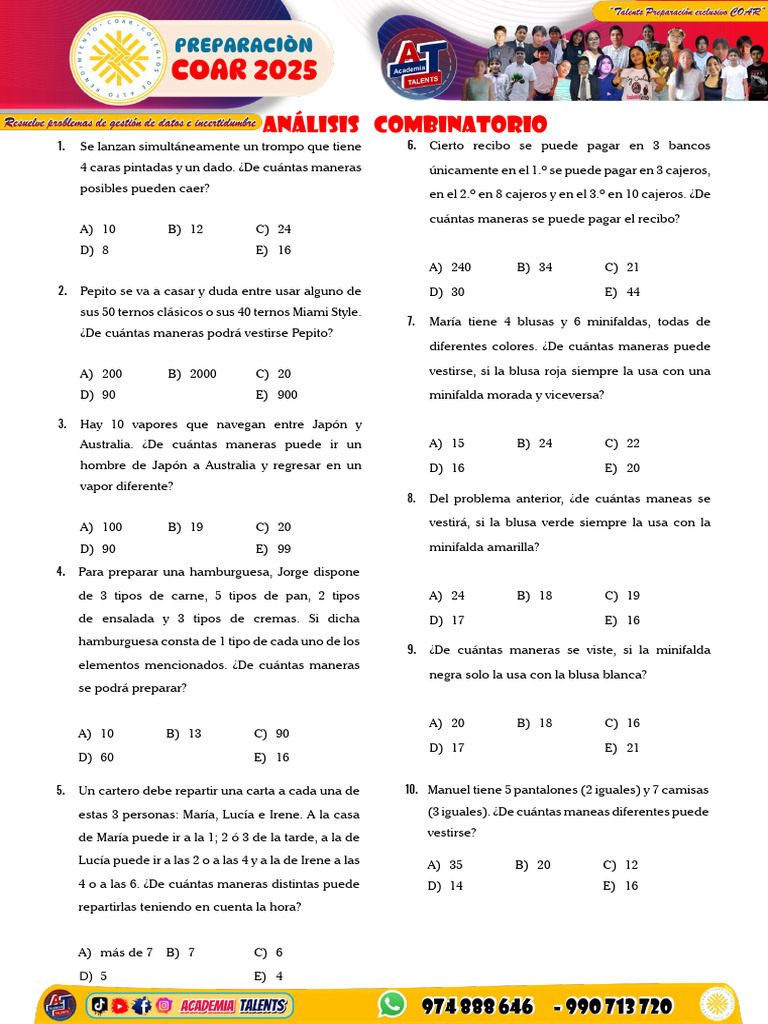 Problemas de Combinatoria y Opciones | PDF | Métodos y materiales de ...