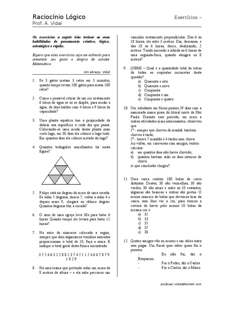 Exercícios de Raciocínio Lógico | PDF | Chuva | Lógica