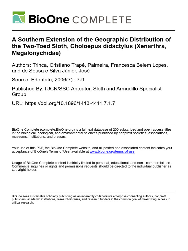 A Southern Extension of The Geographic Distribution of The Two-Toed ...