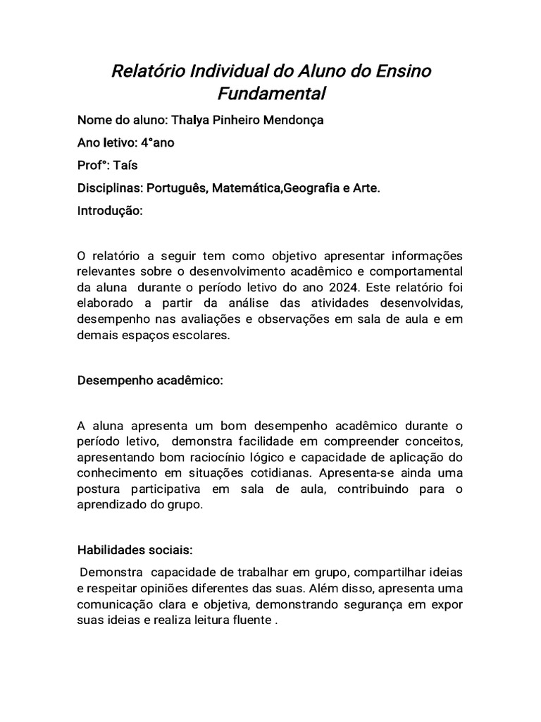 Relatório Individual de Thalya - 4º Ano | PDF