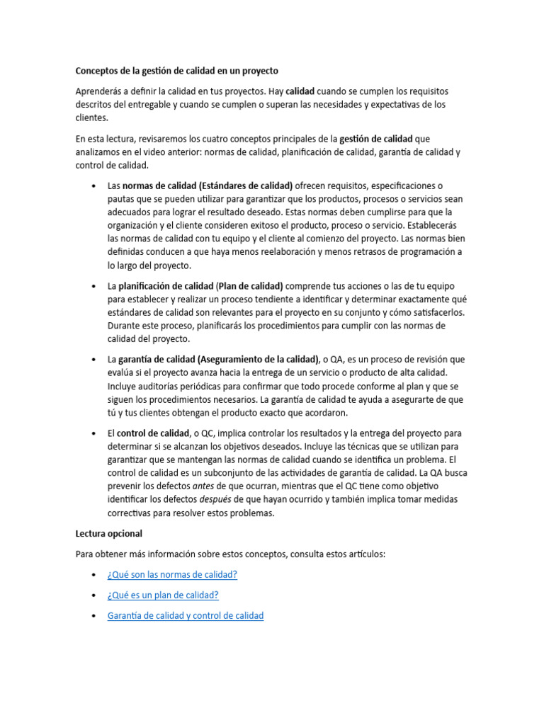 Conceptos de La Gestión de Calidad en Un Proyecto | PDF | Calidad ...