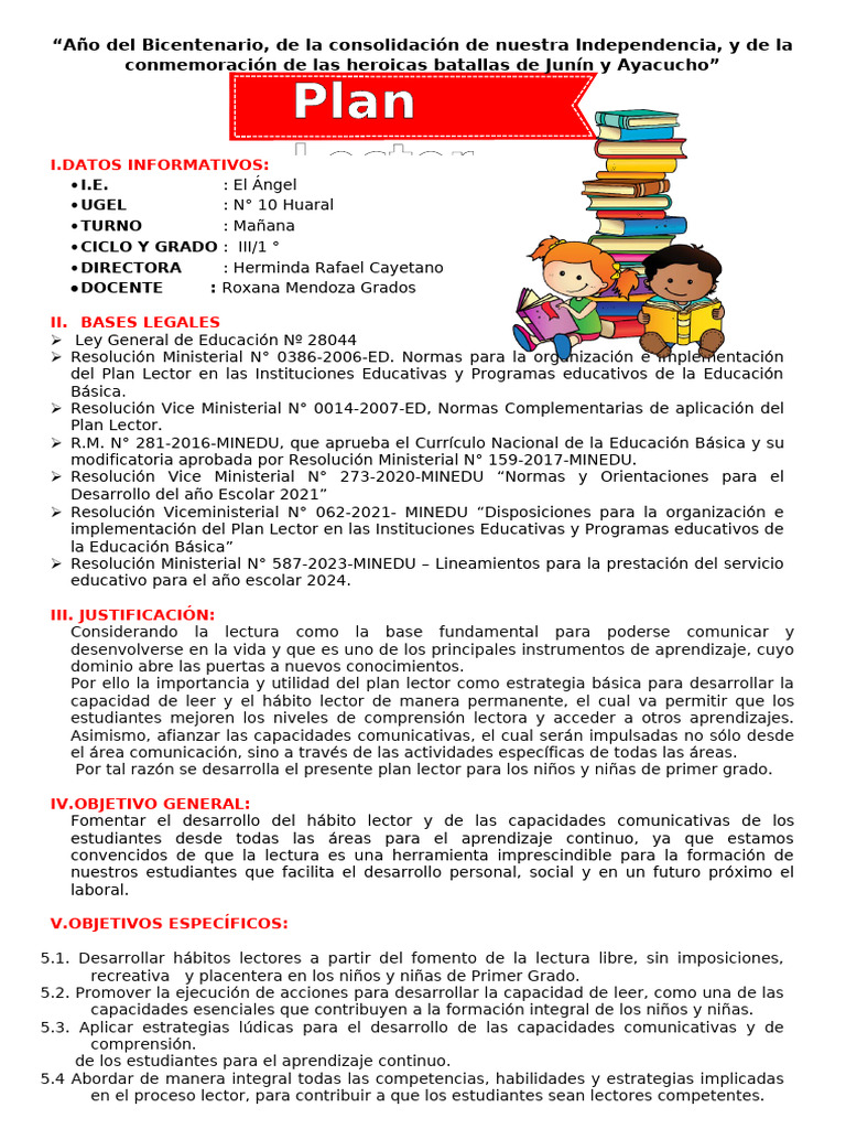 Plan Lector para Primer Grado 2024 | PDF | Maestros | Salón de clases