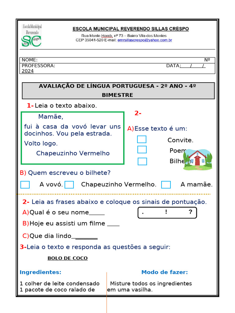 Avaliação de Português 2º Ano - 4º Bimestre | PDF | Artes Linguísticas ...