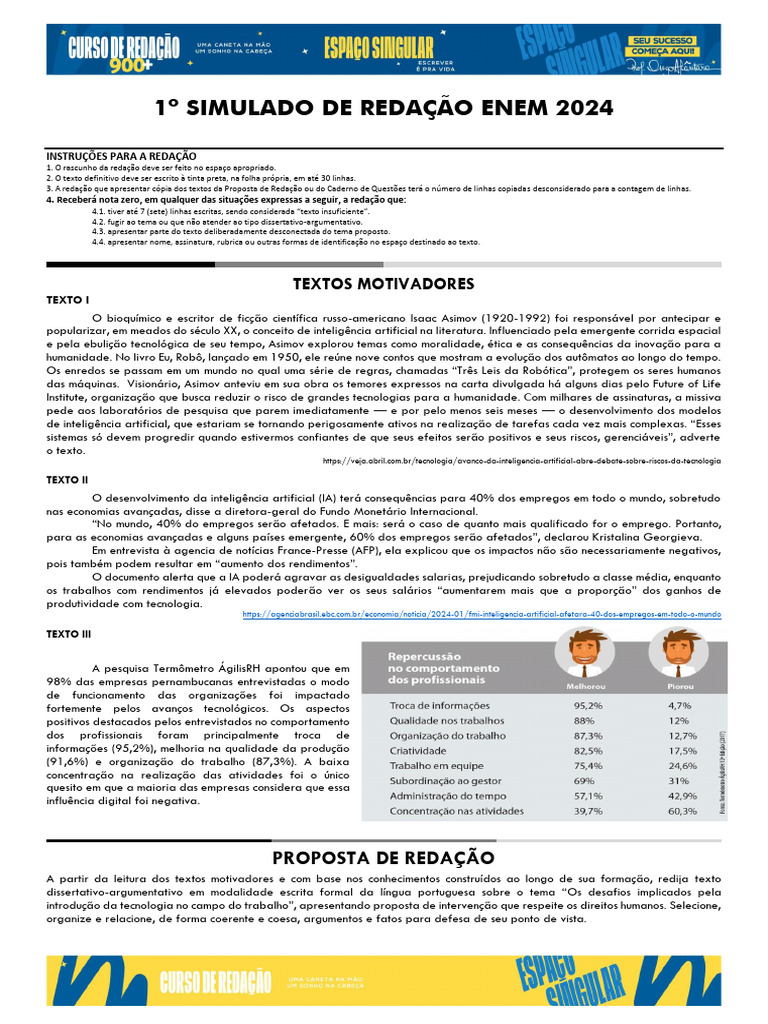 1º Simulado de Redação Enem 2024 | PDF | Inteligência artificial ...
