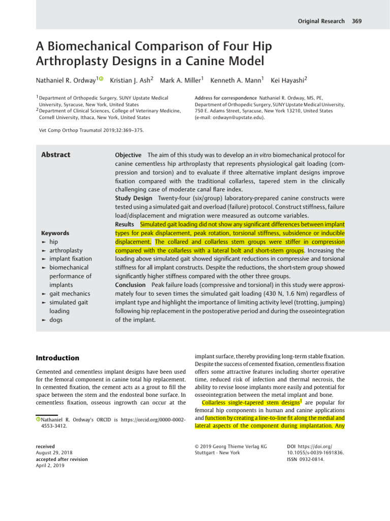 A Biomechanical Comparison of Four Hip Arthroplasty Designs in A Canine ...