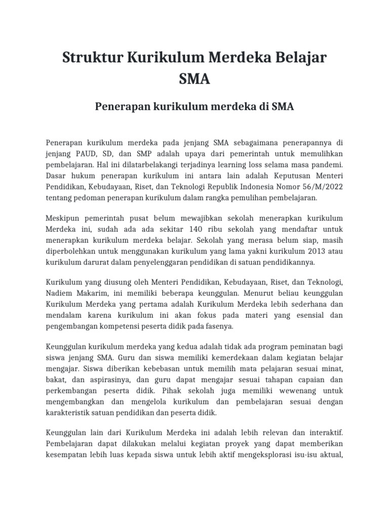 Struktur Kurikulum Merdeka SMA 2022 | PDF