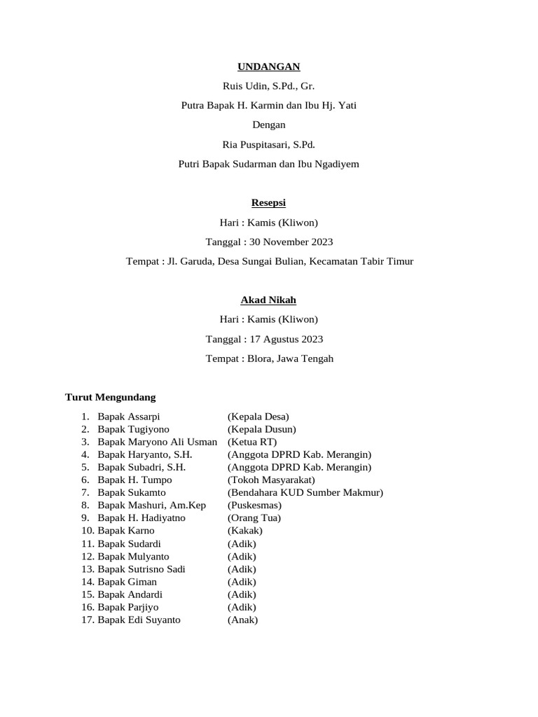 Undangan Akad Nikah Udin & Ria | PDF