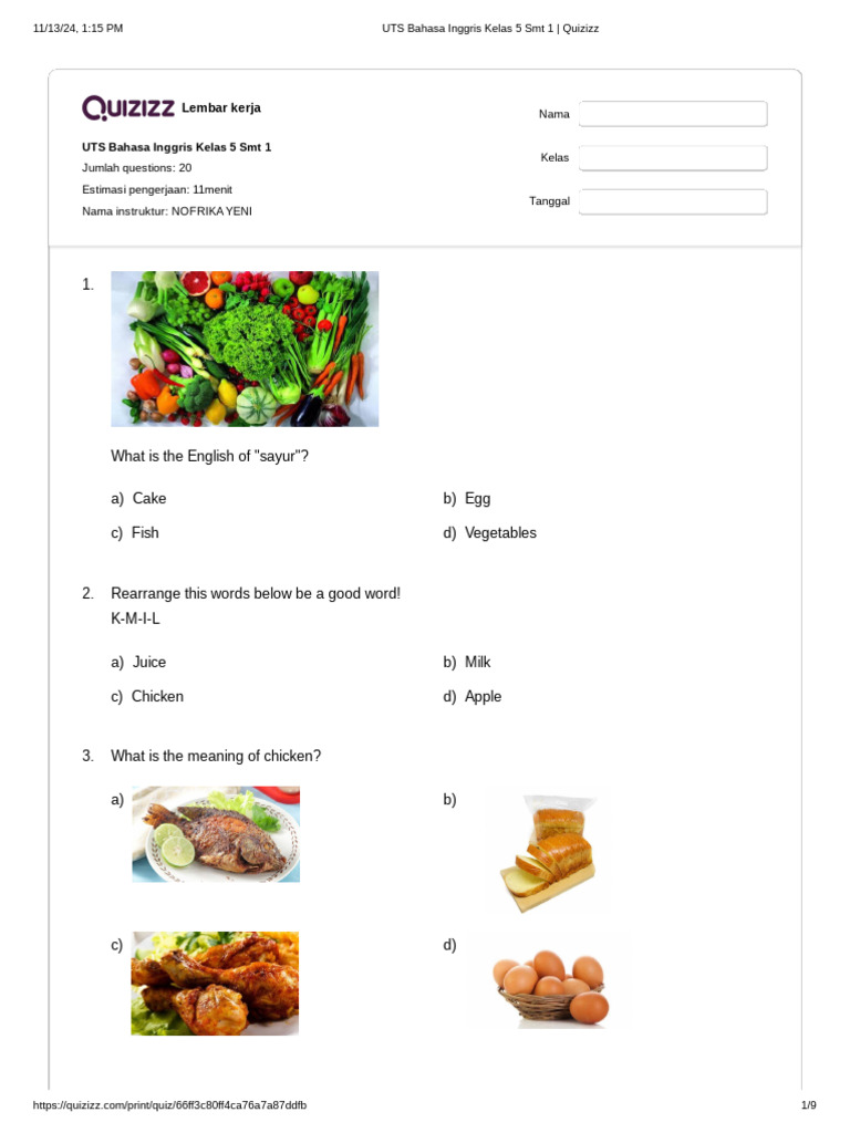 UTS Bahasa Inggris Kelas 5 Smt 1 | PDF | Taste | Food And Drink Preparation