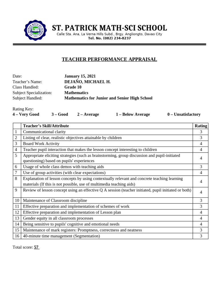 Teacher Appraisal Form Pdf Teachers Cognition
