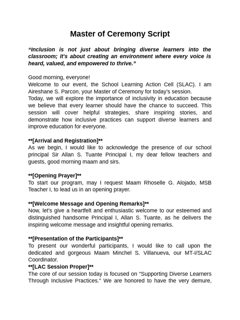 Master of Ceremony Script | PDF | Learning | Behavior Modification