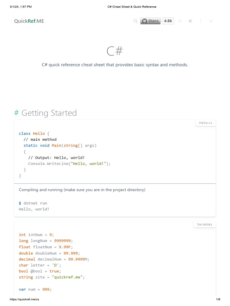 C# Cheat Sheet & Quick Reference | PDF | C Sharp (Programming Language ...