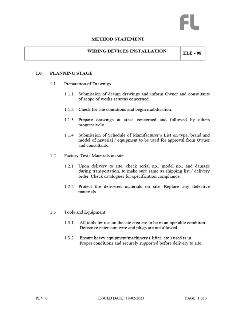 Wiring Devices Installation Method Statement | PDF | Electrical ...