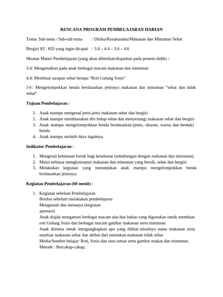 Rencana Program Pembelajaran Harian | PDF | Karier & Perkembangan ...