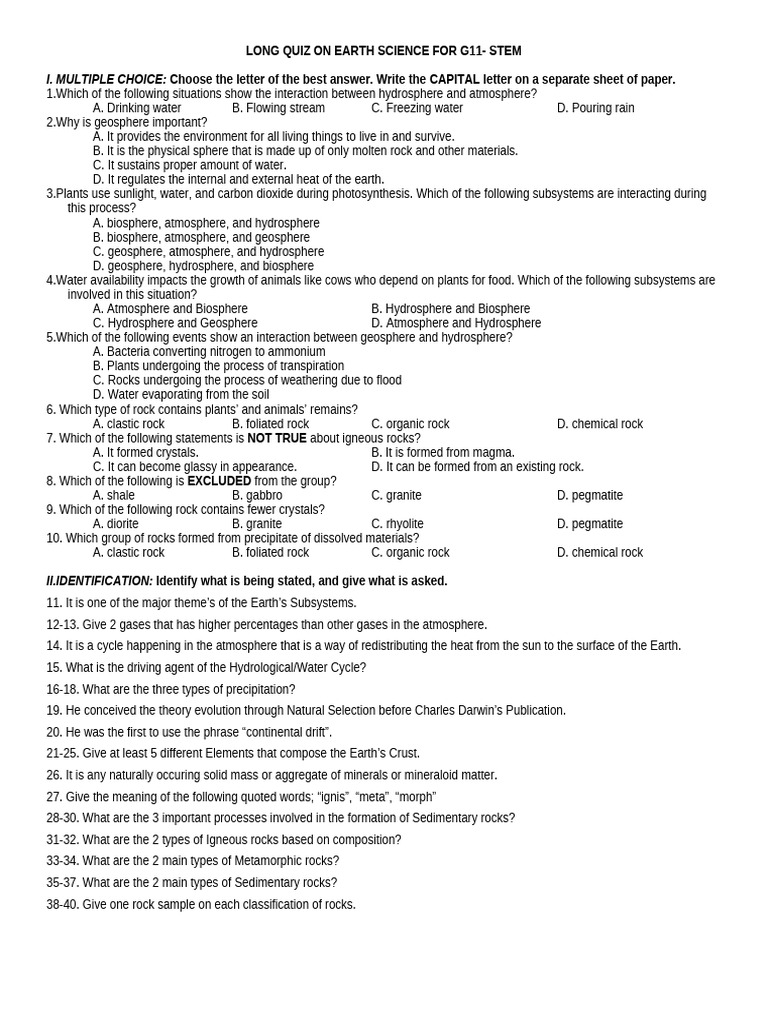 G11 Earth Science Long Quiz | PDF | Rock (Geology) | Rocks