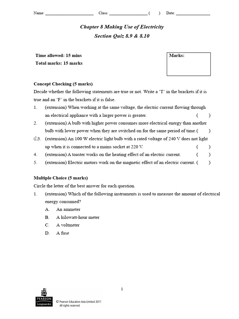 Electricity Quiz: Concepts & Applications | PDF | Electric Current ...