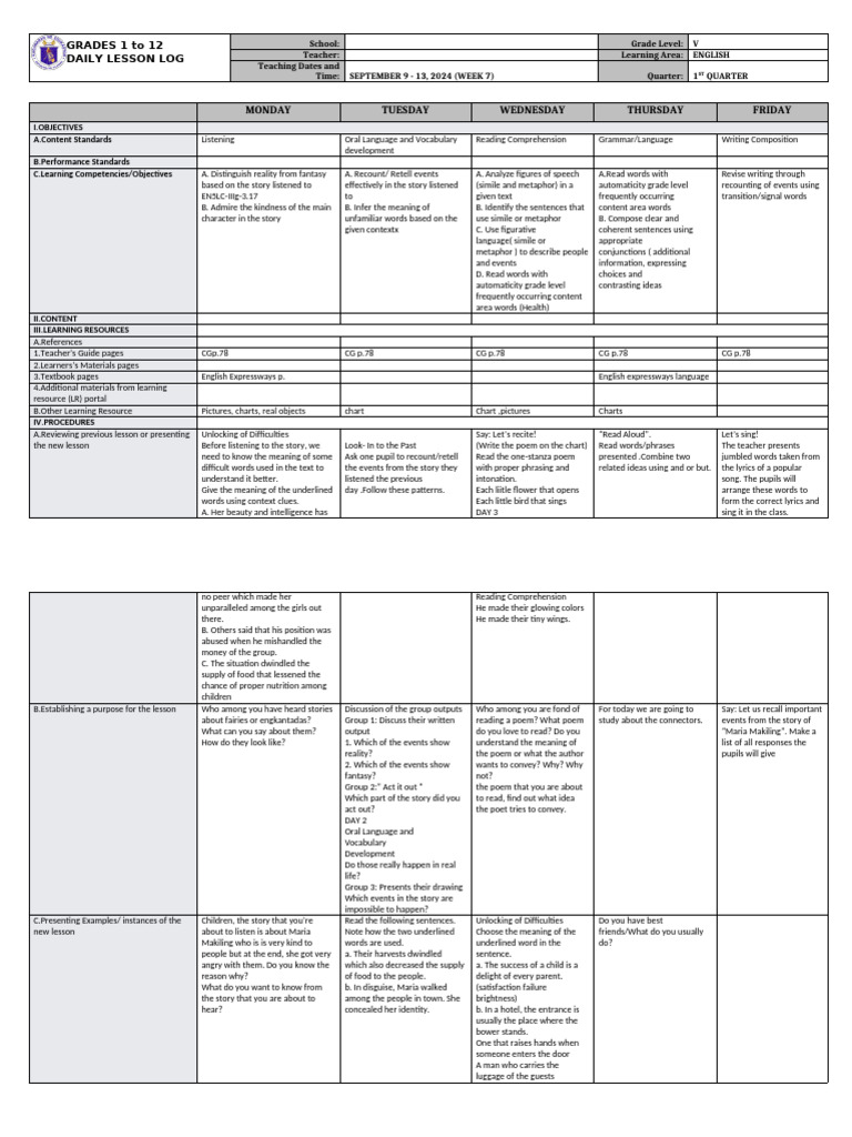 Daily Lesson Log for Grade 5 English | PDF | Reading Comprehension ...