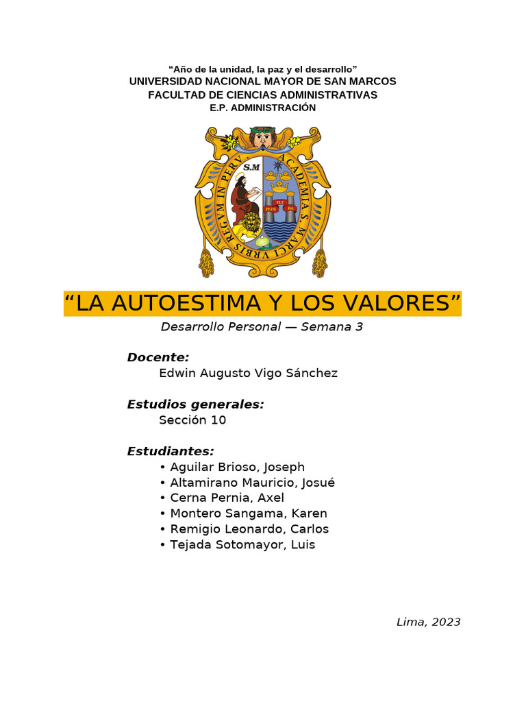 Grupo 3 - Sec10-SEMANA 3 - EL AUTOESTIMA Y LOS VALORES | PDF ...