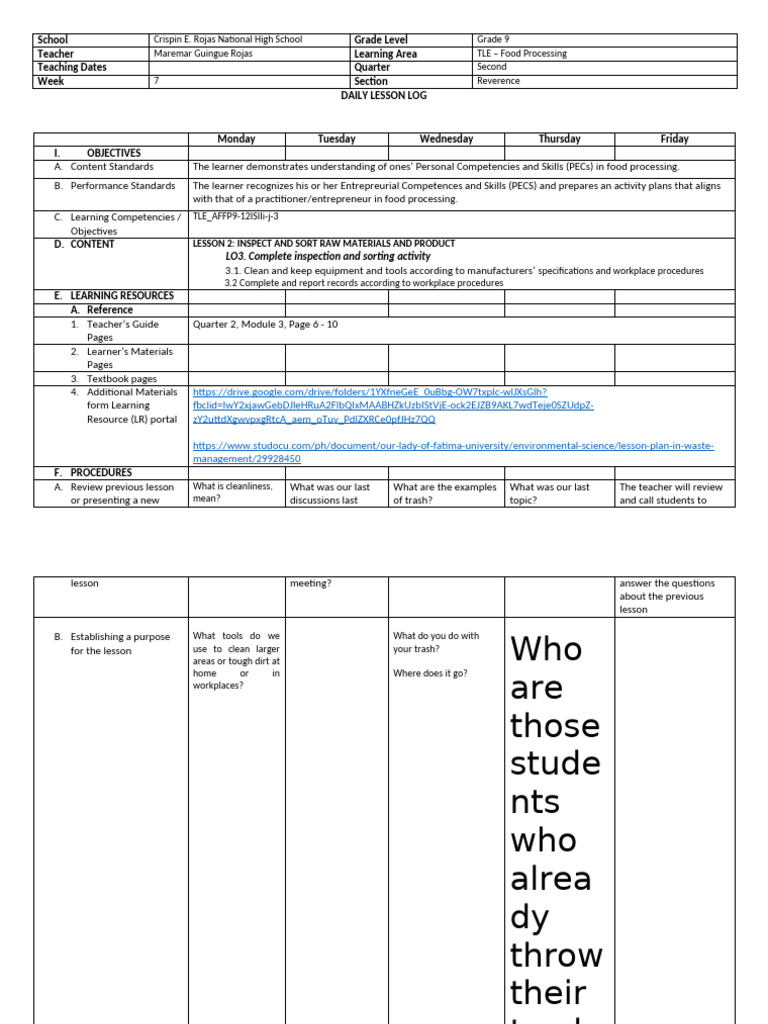 Grade 9 TLE Food Processing Lesson Plan | PDF | Waste | Recycling