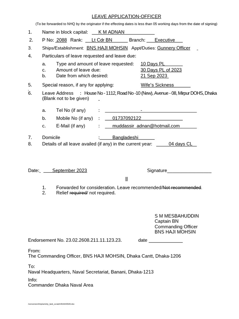 Leave Applications for BNS Haji Mohsin | PDF | Positions Of Authority ...