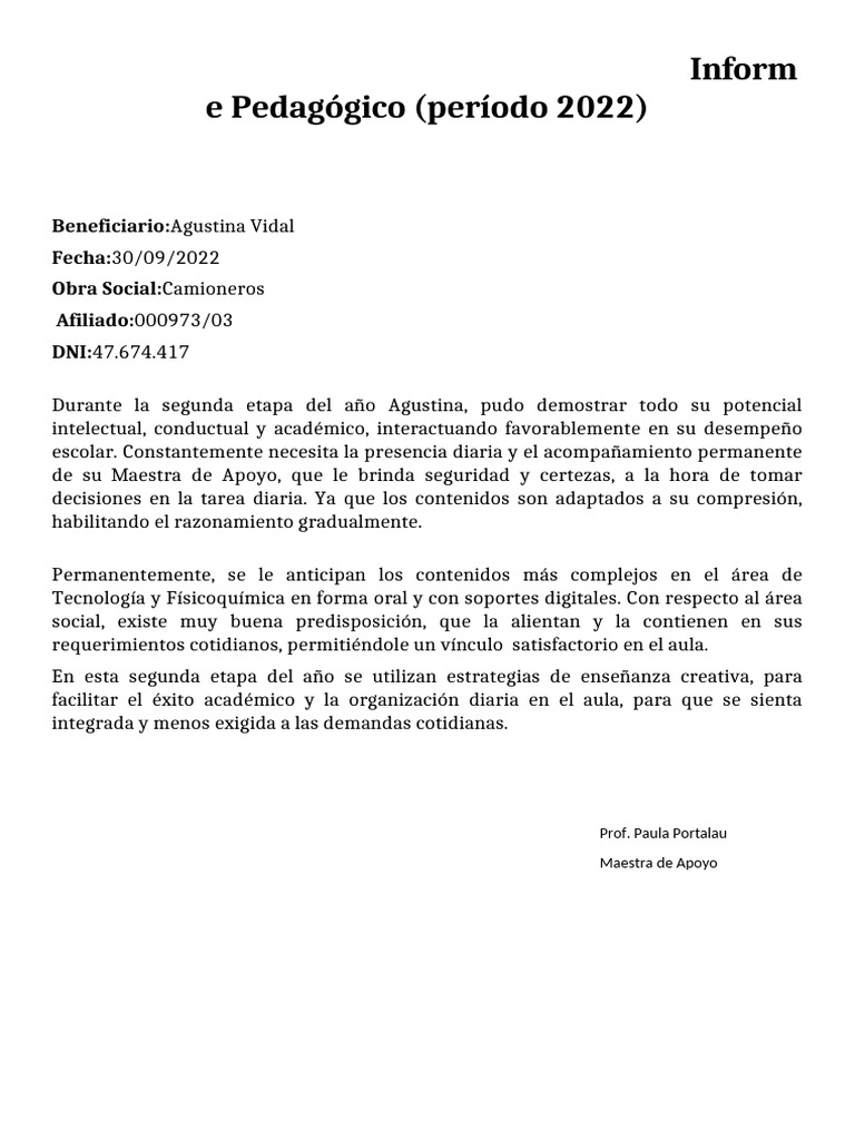 Informe Pedagógico Agustina Vidal 2022 | PDF
