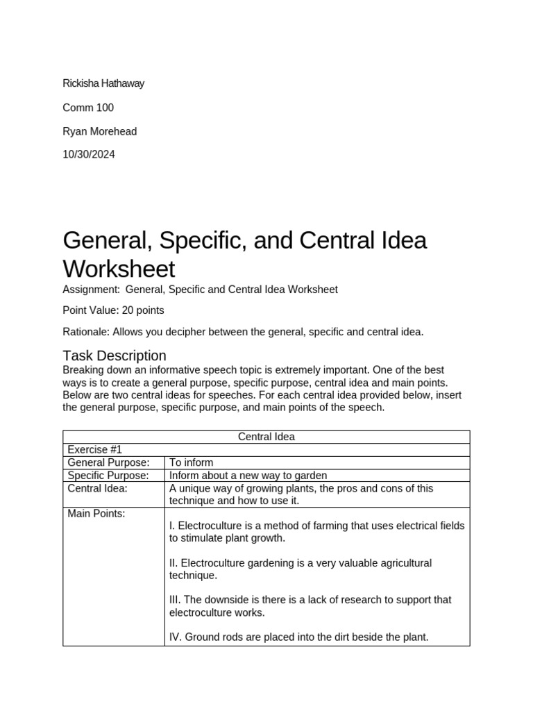 General, Specific and Central Idea Worksheet PDF Horticulture Plants