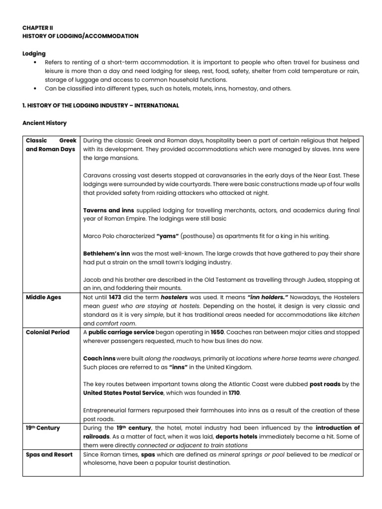 CHAPTER II History of Lodging | PDF | Human Factors And Ergonomics | Hotel