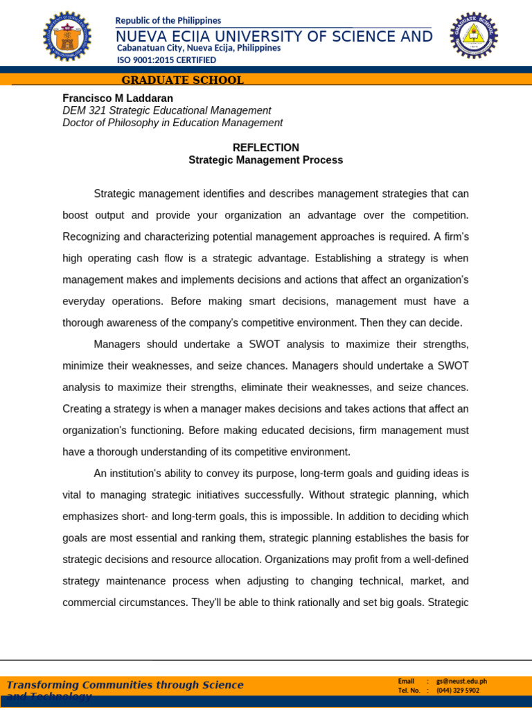 Laddaran - Reflection Strategic Management Process | PDF | Strategic ...