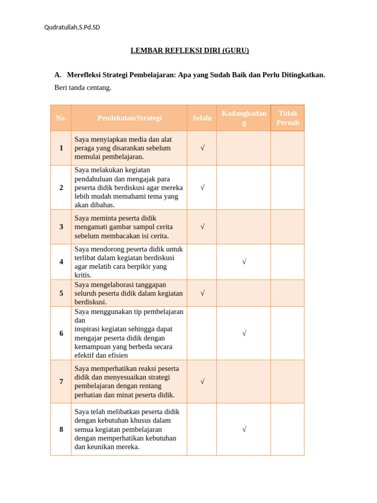 Lembar Refleksi Diri Guru Kelas IV | PDF | Karier & Perkembangan ...