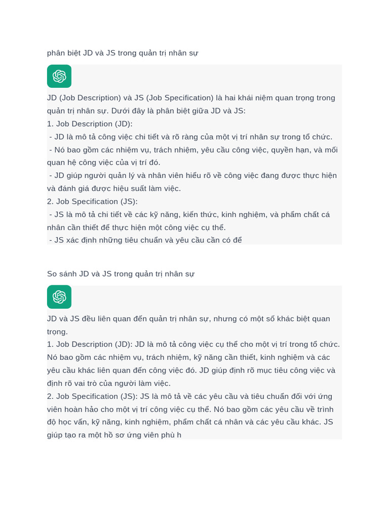 phân biệt JD và JS trong quản trị nhân sự | PDF