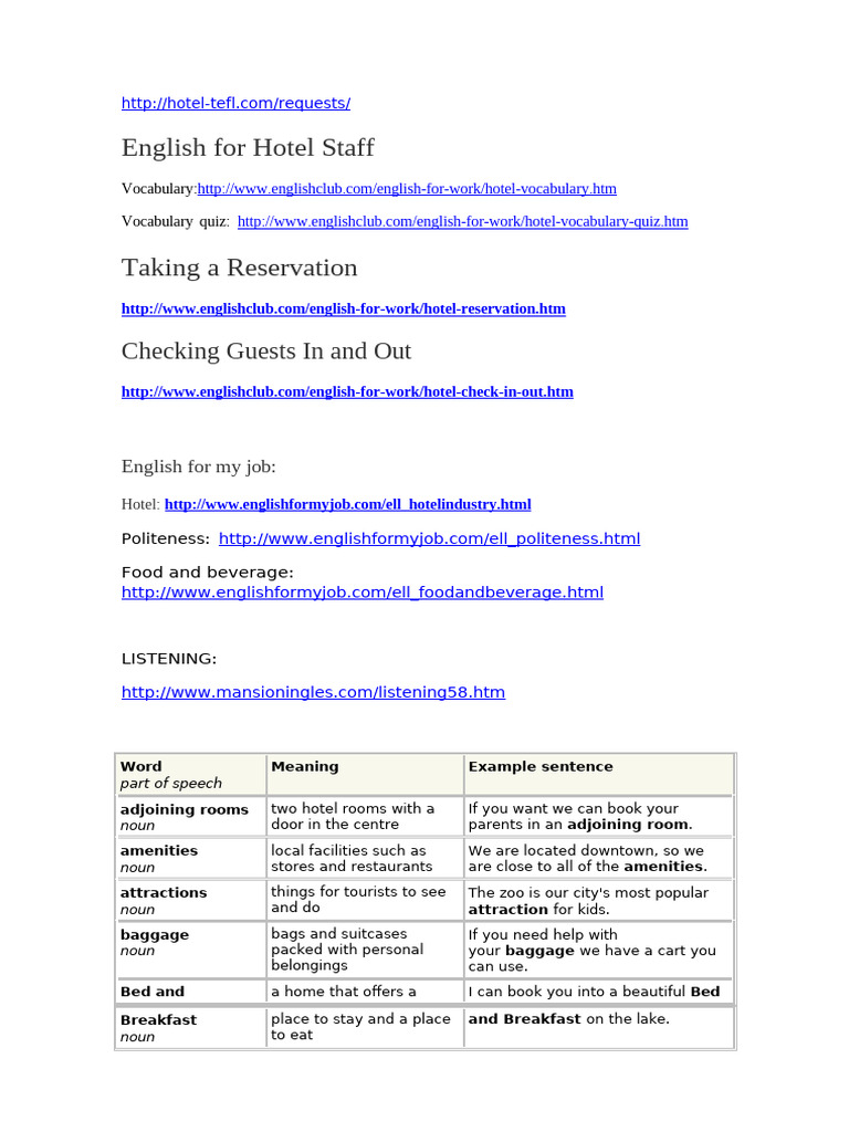 English For Hotel Staff | PDF | Bed | Hotel