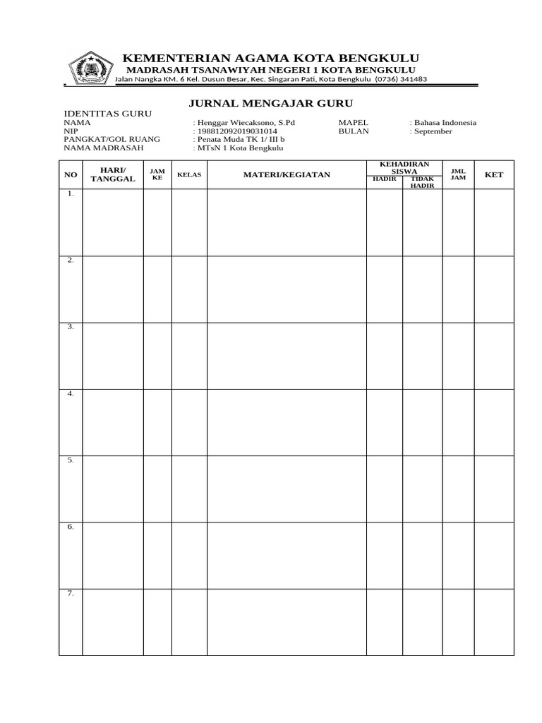 Jurnal Mengajar Guru MTsN 1 Bengkulu | PDF