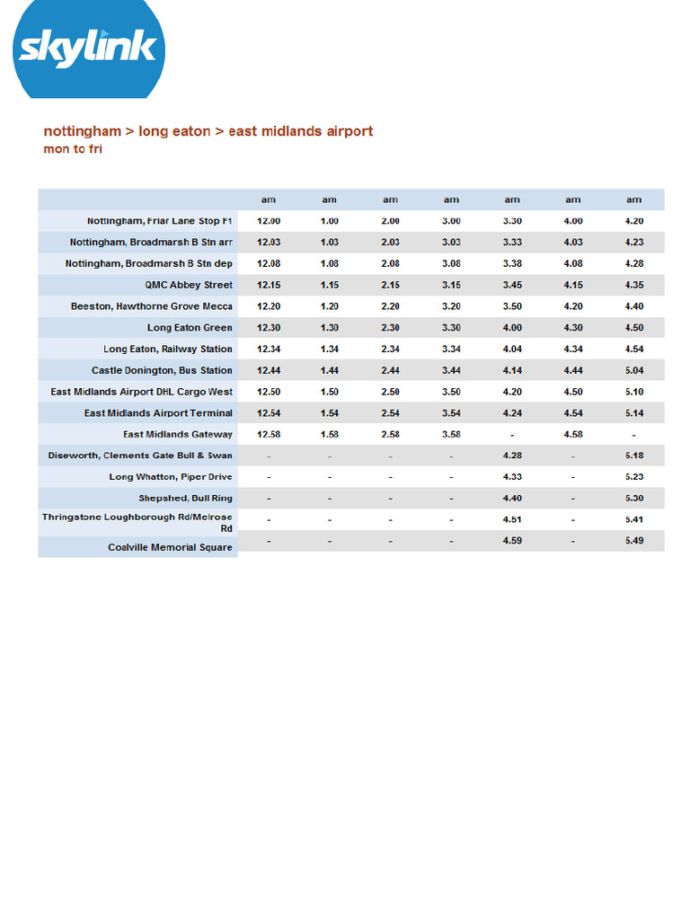 Timetable Skylinknottingham | PDF
