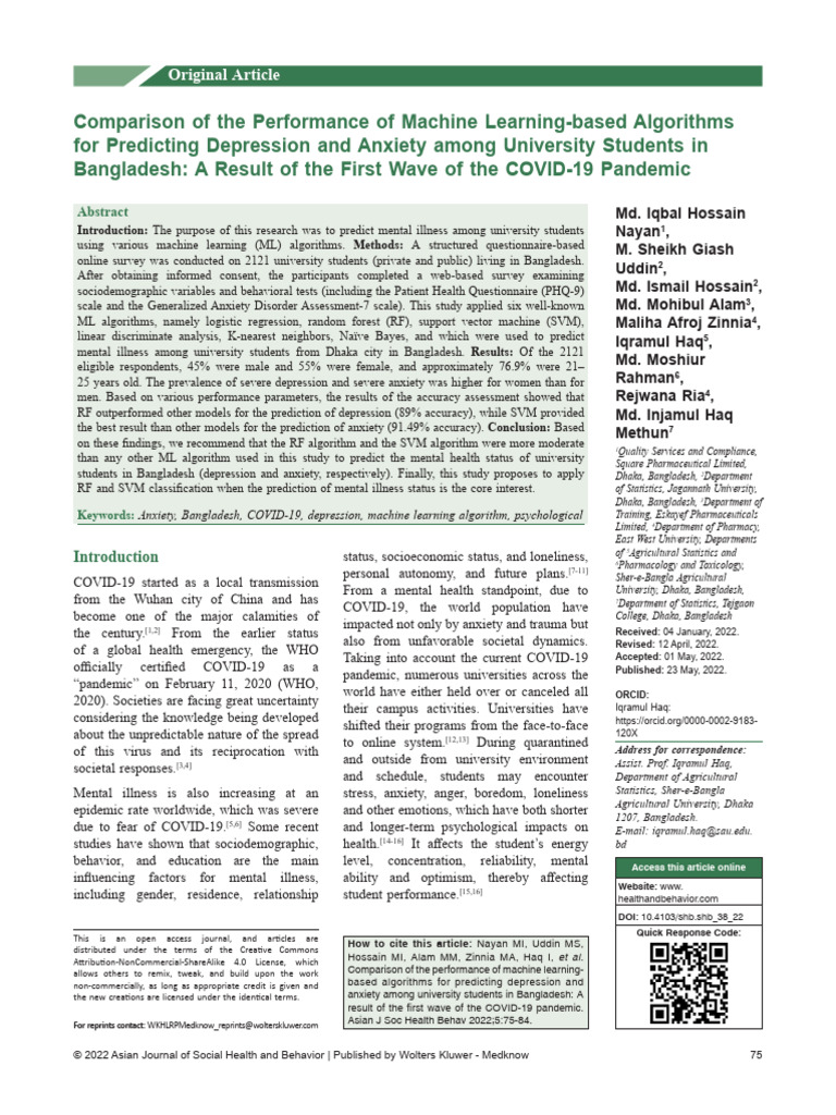Comparison of the performance of machine learning based algorithms for