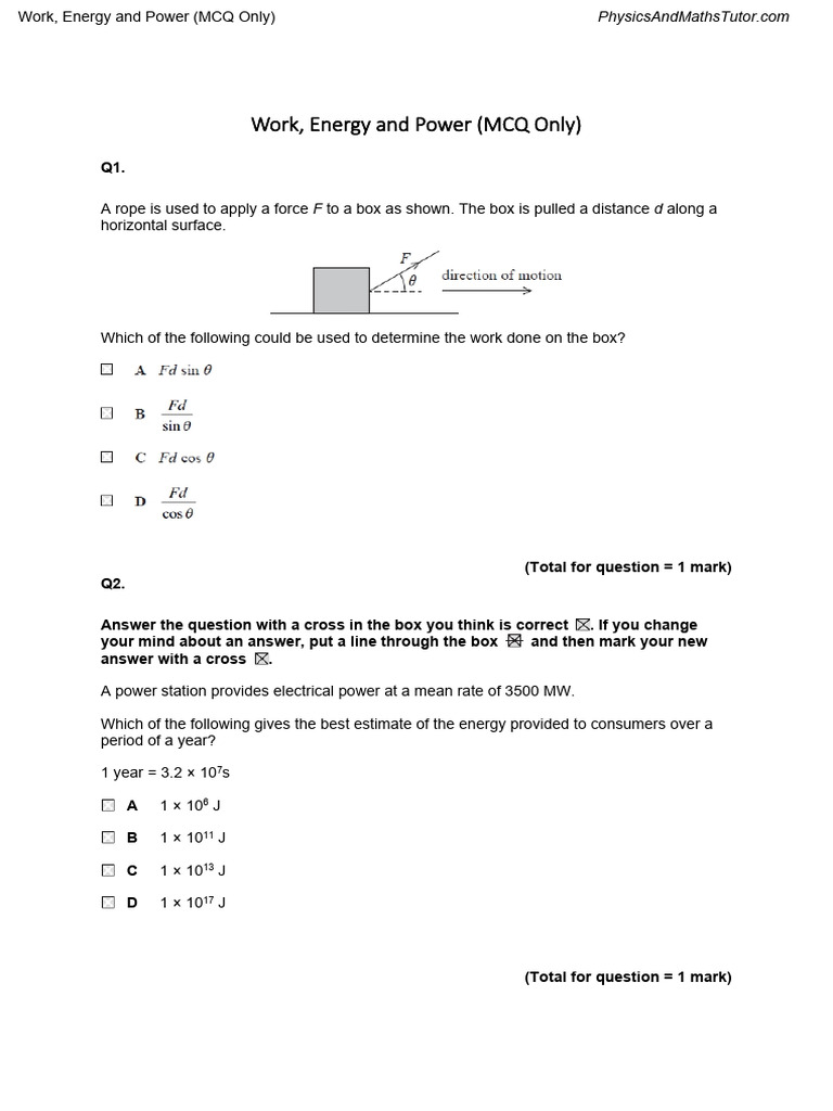 Work, Energy and Power (MCQ Only) | PDF | Potential Energy | Mass