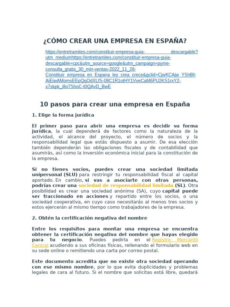 Pasos para crear una empresa en España | PDF | Sociedad de ...