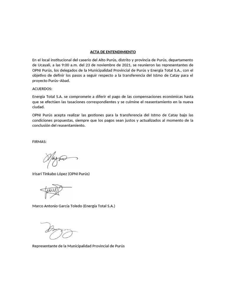 Acuerdo de Compensación OPNI Purús | PDF