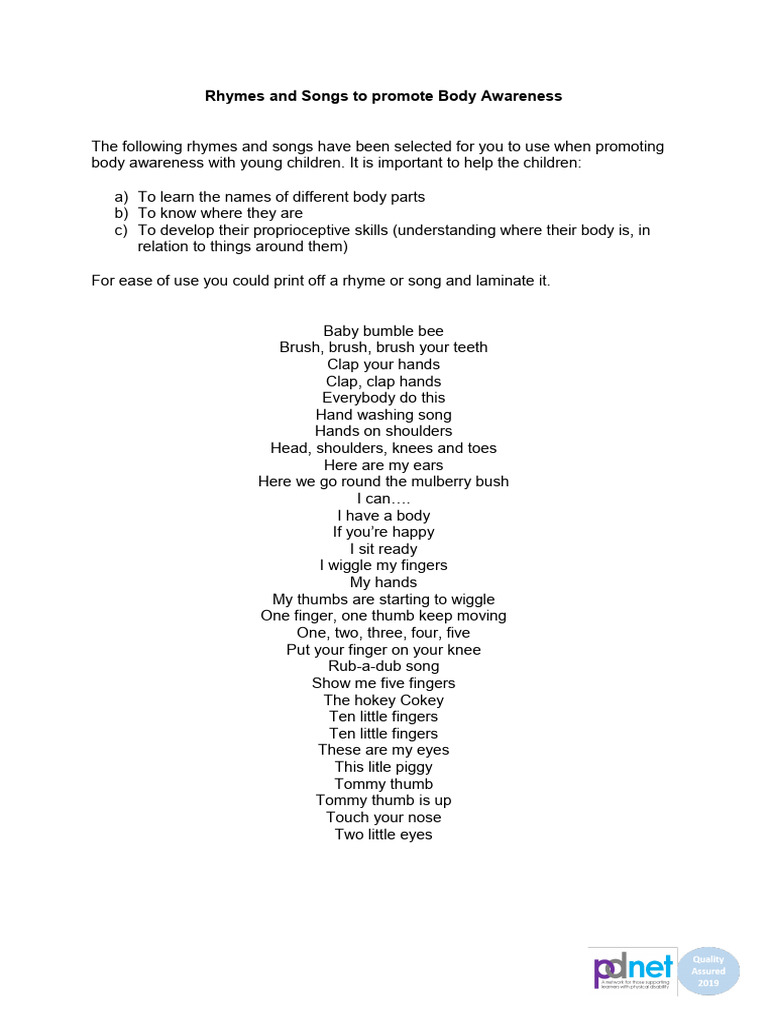 Body Awareness Songs for Kids | PDF | Hand | Human Anatomy