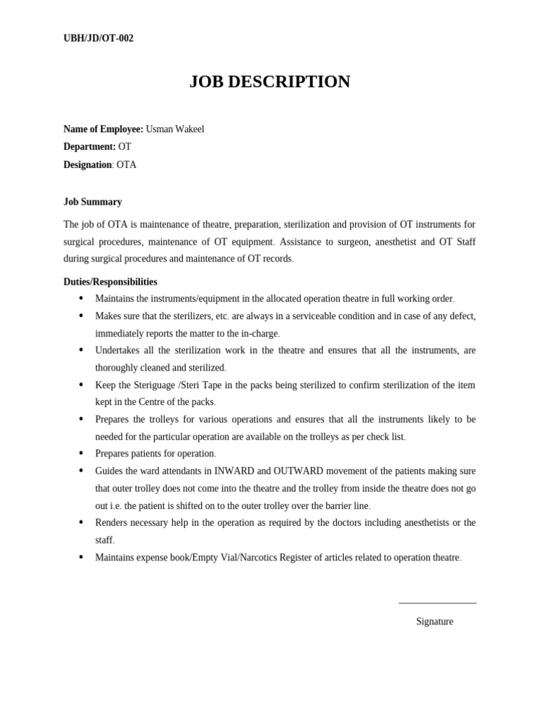 OTA Job Description and Responsibilities | PDF | Technology & Engineering