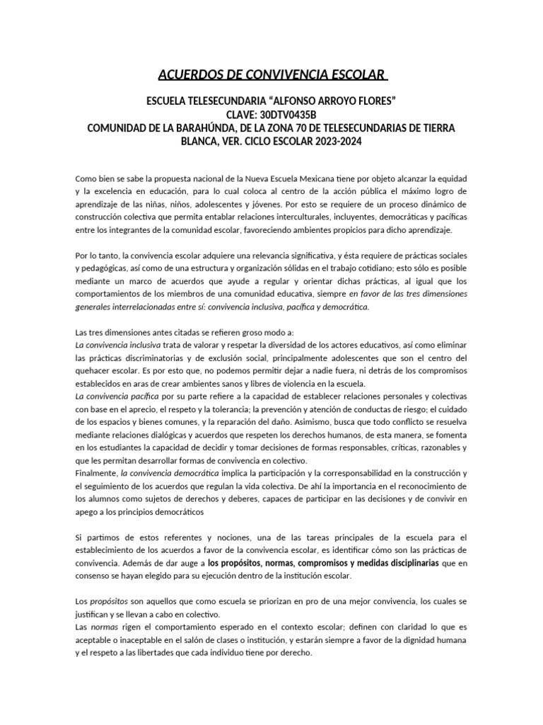 Acuerdos de Convivencia Escolar 2023-2024 | PDF | Escuelas | Aprendizaje