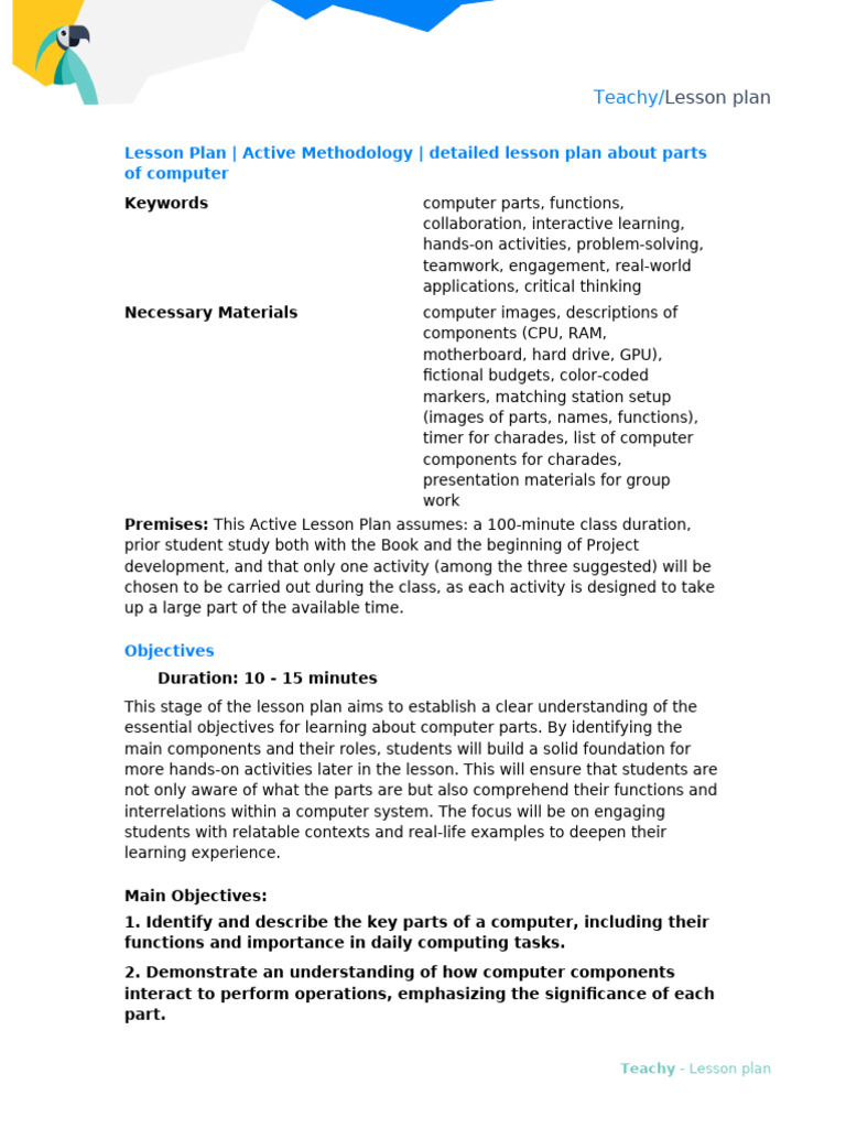 Detailed Lesson Plan On Computer Parts Pdf Lesson Plan Knowledge