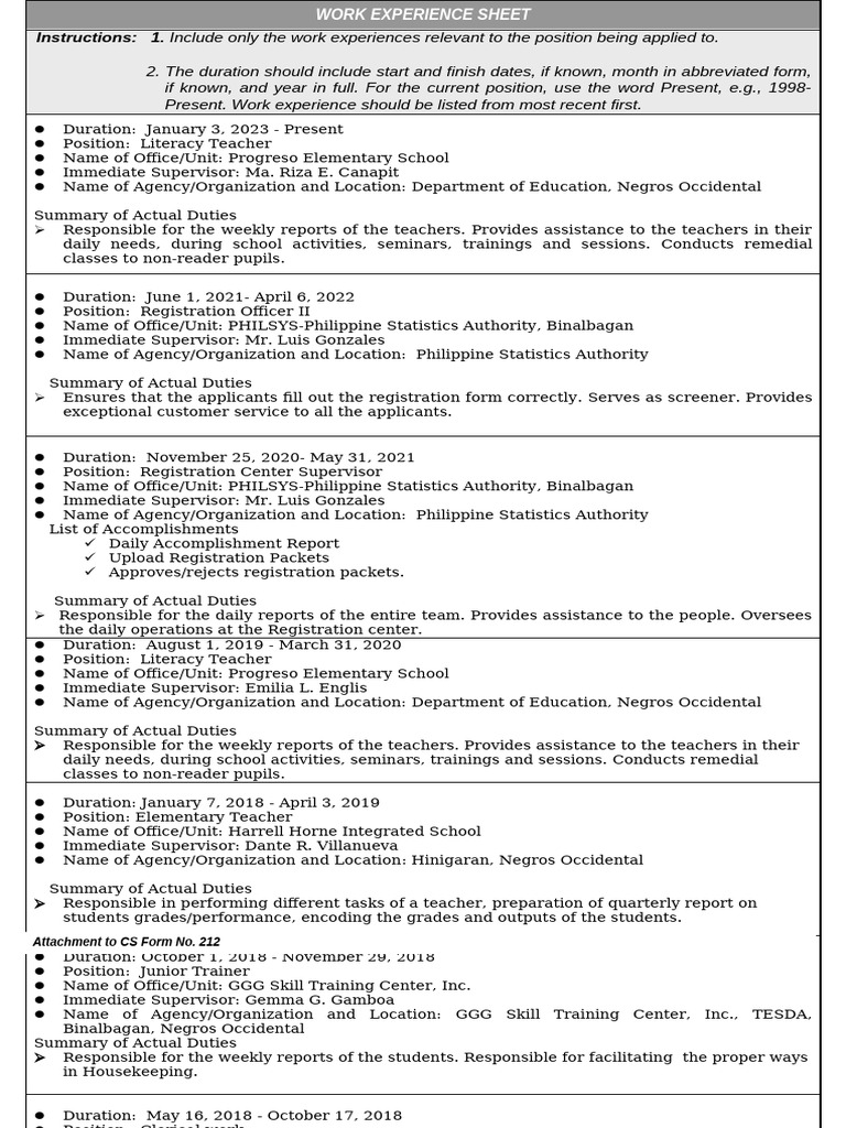 Work Experience Sheet for Teachers | PDF | Learning