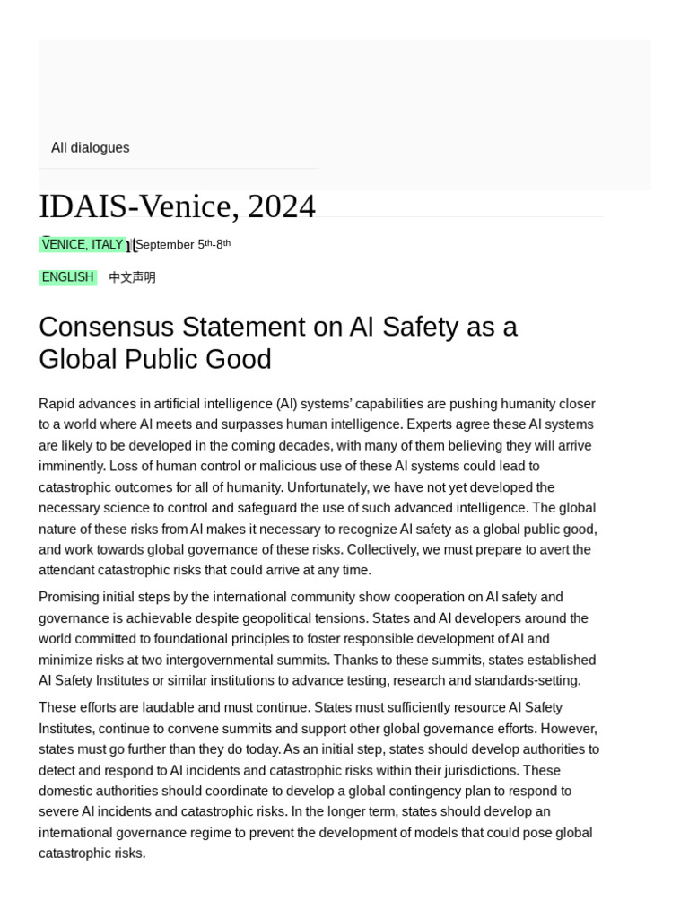 International Dialogues On AI Safety Statement 2024 | PDF | Artificial ...